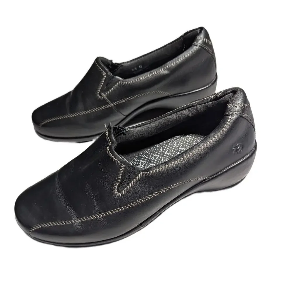 Aravon Black Leather Slip-On Seam Detail Comfort Wedge Walking Loafers Sz 6.5 D